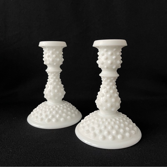 Fenton Hobnail Milk Glass Candle Sticks - pair - 6” High - Vintage - Picture 5 of 5